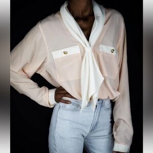 CHAUS VINTAGE PASTEL PEACH BLOUSE COLOR-BLOCK RETRO TIE SASH NECK CAREER SIZE 6